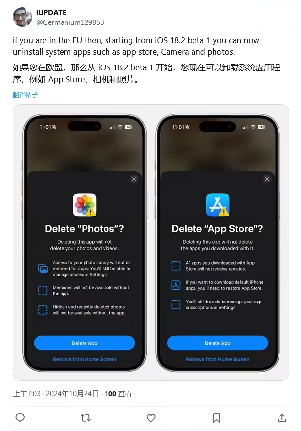 铁锋苹果手机维修分享iOS 18.2 支持删除 App Store 应用商店 