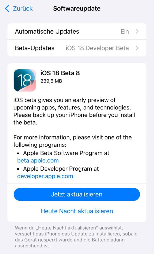 铁锋苹果手机维修分享苹果 iOS / iPadOS 18 开发者预览版 Beta 8 发布 